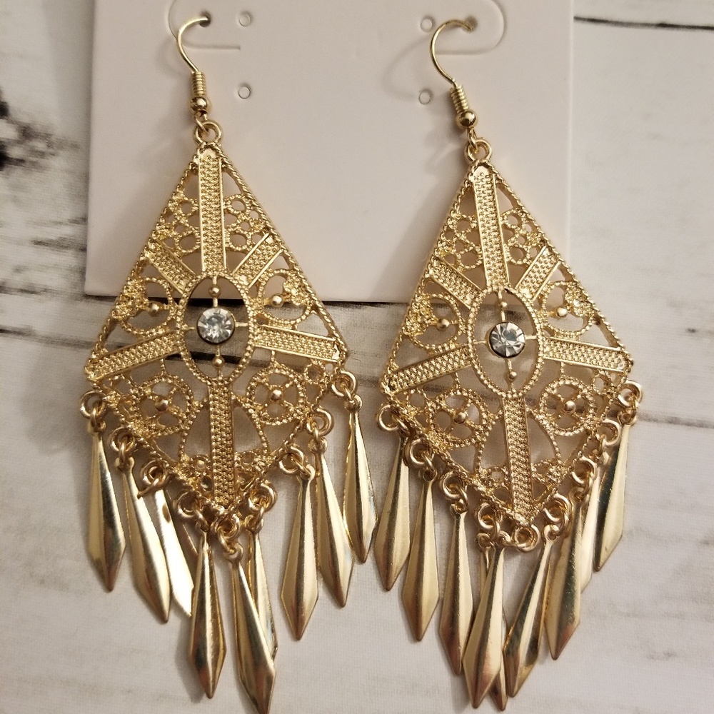 Gold boho diamond dangle drop earrings nwt